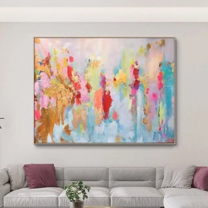 Large Abstract Oil Painting Original Gold Abstract painting on Canvas,Gold Leaf Painting,Blue Painting,Gold Textured Painting,Pink Painting