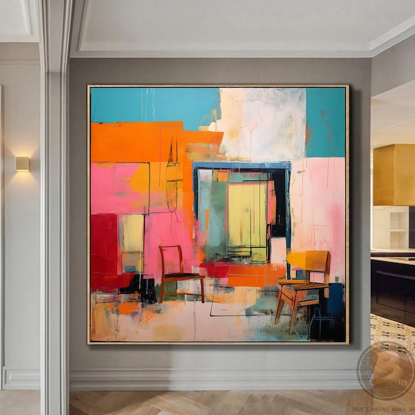 Colorful Abstract Painting Minimalist Vintage Interior Painting Multicolor Abstract Art Wabi Sabi Wall Art Modern Home Interior Wall Decor