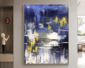 Abstract Blue White Oil Painting On Canvas, Gold Textured Wall Art, Blue Abstract Art, Personalized Gift Painting, Living Room Home Decor