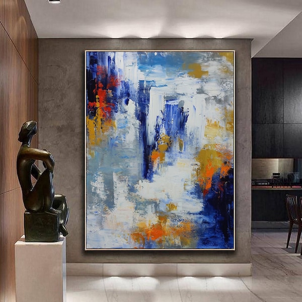 Blauwe abstracte muurkunst, grote abstracte landschapsschilderkunst, witte abstracte schilderkunst, groot wit getextureerd schilderij, moderne minimalistische schilderkunst