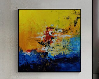 Yellow abstract painting dark blue abstract art modern minimalist abstract painting large textured wall art orange painting black painting