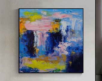 Large abstract oil painting blue abstract painting pink painting color abstract landscape painting modern textured wall art yellow painting