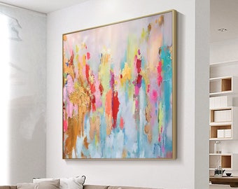 Large pink abstract oil painting gold leaf textured canvas art pink minimalist wall art decor blue painting gold abstract art home decor