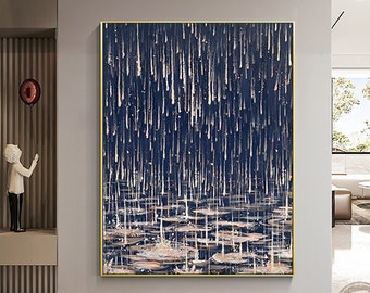 Abstract Rainy Night Landscape Oil Painting on Canvas Large Rain Water Droplet Acrylic Painting Abstract Rainy Cityscape Painting Home Decor