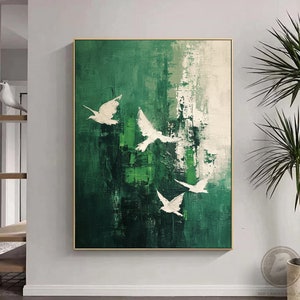 Large Green Abstract Painting Green Minimalist Wall Art White Dove Bird Painting Green 3d Textured Canvas Art Original Green Abstract Art