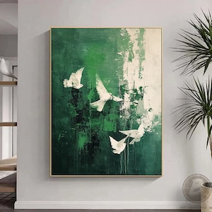 Green Abstract Textured Wall Art Large White Bird Abstract Painting Green Minimalist Abstract Canvas Oil Painting Office Wall Decor Gifts