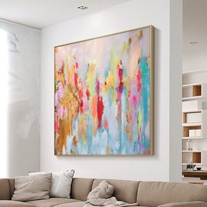 Large pink abstract oil painting gold leaf textured canvas art pink minimalist wall art decor blue painting gold abstract art home decor