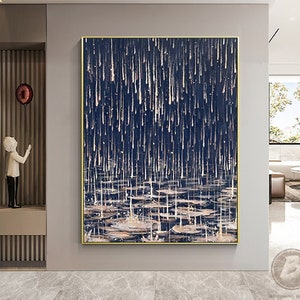 Abstract Rainy Night Landscape Oil Painting on Canvas Large Rain Water Droplet Acrylic Painting Abstract Rainy Cityscape Painting Home Decor