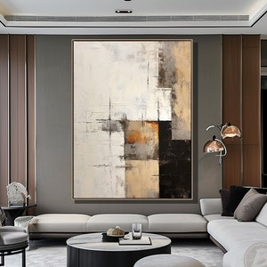 Arte da parete wabi sabi beige, minimalismo beige, pittura geometrica astratta su tela, grande arte da parete strutturata 3D beige, arte da parete astratta nera