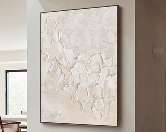 Arte de pared texturizado 3D beige, pintura abstracta minimalista beige y blanca, decoración de pared wabi sabi neutra, pintura beige con textura pesada para dormitorio