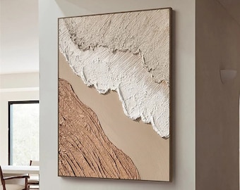 Gran neutral wabi sabi arte de pared abstracto océano playa pintura ondas blancas texturizadas pintura tono tierra 3d texturizado arte de pared arte minimalista