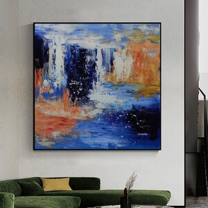 Large blue abstract wall art original blue waterfall landscape painting orange abstract painting white abstract art modern textured wall art