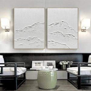White Abstract Waves Textured Painting Set of 2 White 3d Minimalist Living Room Wall Art Set of 2 White Canvas Art Decor White Abstract art