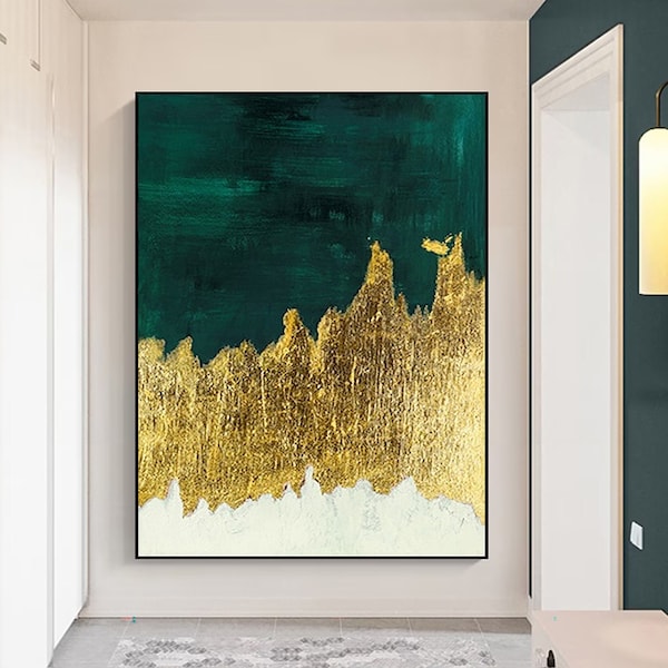 Original abstract gold leaf textured painting green gold minimalist acrylic painting green gold abstract painting boho wall art home decor