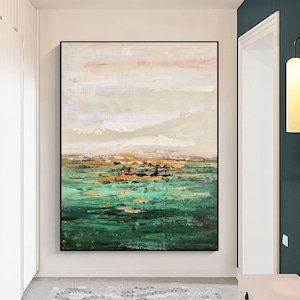 Large green abstract painting,beige abstract wall art,green seascape painting,original green textured painting,green minimalist abstract art