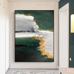 Large green abstract painting,green abstract wall art,original white abstract art,gold textured wall art,large green minimalist abstract art