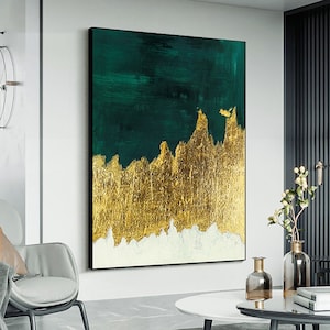 Large Original Abstract Painting - Gold Minimalist Painting,Green Abstract Oil Paintings on Canvas,Gold Leaf Painting,Gold Textured Painting