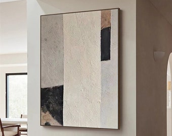 Arte de pared Wabi Sabi en blanco y beige de gran tamaño, pintura abstracta minimalista en beige sobre lienzo, arte de pared texturizado en gris y beige, arte abstracto en beige neutro