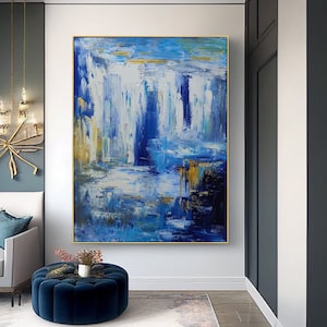 Original blue abstract painting on canvas white abstract canvas art extra large modern paintings for living room black wall art textured art