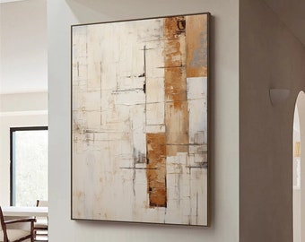 Könnte beinhalten: Abstraktes Gemälde mit weißem Hintergrund und braunen und beigefarbenen geometrischen Formen. Das Gemälde ist gerahmt und hängt an einer weißen Wand in einem modernen Wohnzimmer.