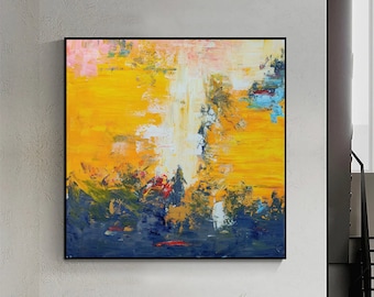 Large yellow abstract painting yellow abstract wall art original textured abstract painting blue abstract art modern minimalist wall art
