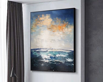 Abstract blue ocean oil painting on canvas large original sea landscape acrylic artwork sky landscape painting modern living room wall decor