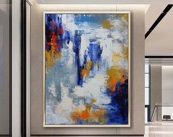 Extra large abstract landscape painting original blue white abstract wall art white textured painting gold painting modern living room art