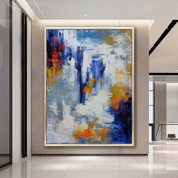 Extra large abstract landscape painting original blue white abstract wall art white textured painting gold painting modern living room art