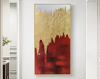 Gold Abstract Painting - Large Original Abstract Painting,Red Minimalist Painting,Red Gold Leaf Painting,Abstract Wall Art,Textured Painting