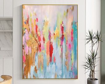 May include: Abstract painting with a colorful, layered design. The painting features shades of pink, blue, yellow, green, and red. The background is a light blue color. The painting has a textured, brushstroke effect.