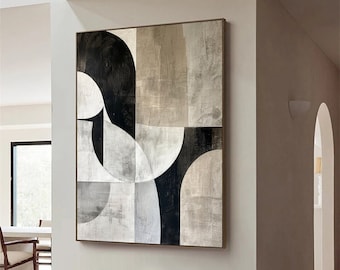Pintura al óleo geométrica abstracta de gran tamaño en color beige Arte mural moderno wabi sabi Arte mural minimalista en color beige y negro Arte mural texturizado en color beige neutro