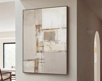 May include: Abstract painting with a beige, white, and brown color scheme. The painting features geometric shapes and lines, creating a modern and minimalist aesthetic.