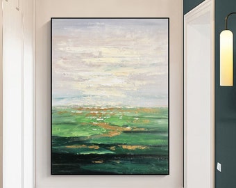 Original green abstract wall art,green textured painting,beige abstract painting,light yellow abstract canvas art,green seascape painting