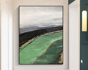 Original green abstract painting,green minimalist painting,large gray abstract wall art,green abstract canvas art,black abstract painting