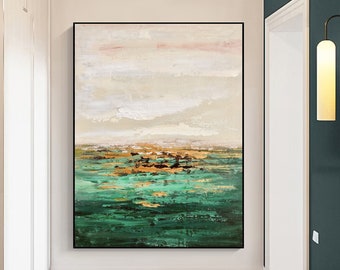 Large green abstract painting,beige abstract wall art,green seascape painting,original green textured painting,green minimalist abstract art
