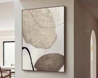 Arte de pared minimalista neutral original para sala de estar, pintura abstracta beige y blanca sobre lienzo para arte de pared con textura wabi sabi, decoración de pared de entrada