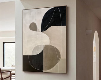 Pintura geométrica abstracta beige, arte abstracto en bloques de color beige y negro, líneas minimalistas modernas, pintura en lienzo, arte geométrico neutro