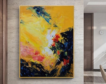 Large Gold Yellow Abstract Landscape Painting on Canvas,Modern Bright Living Room Wall Home Decor,Yellow Textured Canvas Wall Painting Art
