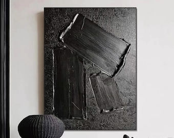 Arte mural con textura negra, pintura abstracta minimalista negra, pintura negra con textura 3D, arte mural Wabi Sabi negro, decoración moderna para la pared de la sala de estar