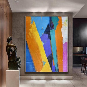 Large Wall Art Abstract Painting,Orange Abstract Painting,Blue Painting,Blue Abstract Painting,Yellow Textured Painting,Minimalist Painting image 1