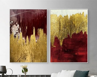 ゴールド抽象アート 2 枚セット、レッド抽象絵画 2 枚セット、金箔絵画 2 枚セット、大型ゴールド 3D テクスチャアート 2 枚セット、大型キャンバス ウォールアート