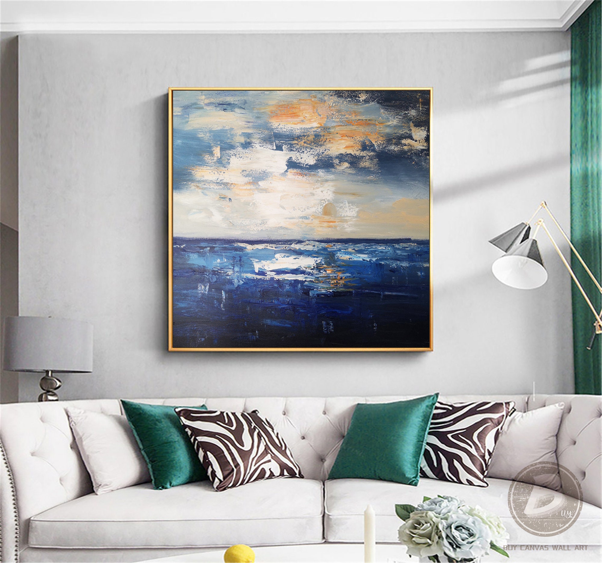 青い海の波の風景油絵 キャンバスに描かれた夕焼けの海の壁 青い海の波の風景油絵 キャンバスに描かれた夕焼けの海の壁