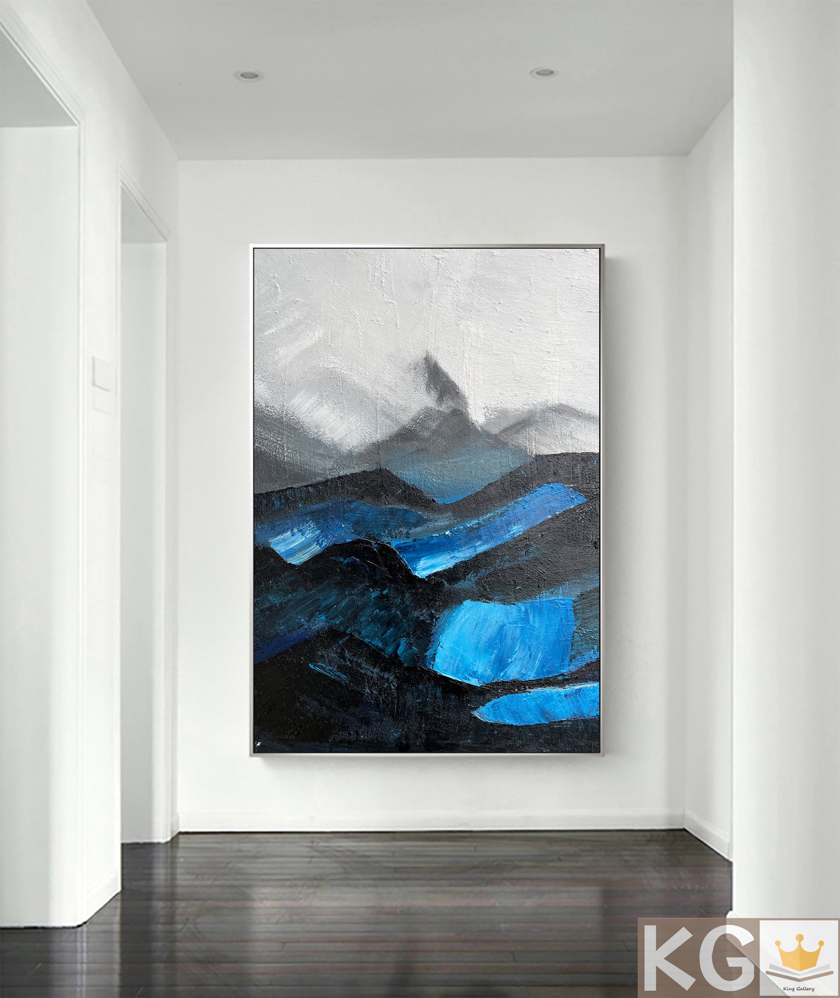 Blue Landscape Painting Black Abstract Wall Art Blue Mountains Etsy