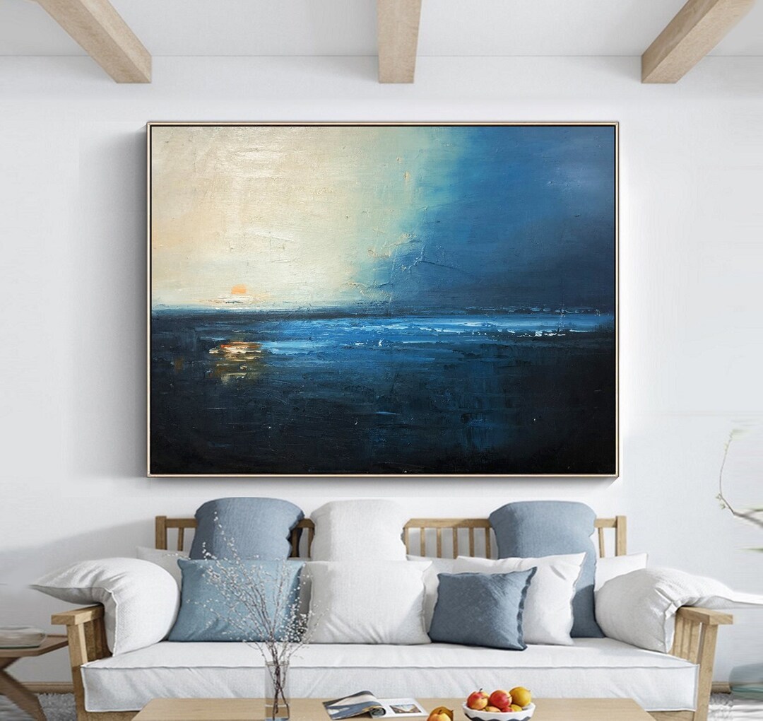Navy Blue Ocean Abstract Oil Painting on Canvas Large Sky Landscape ...