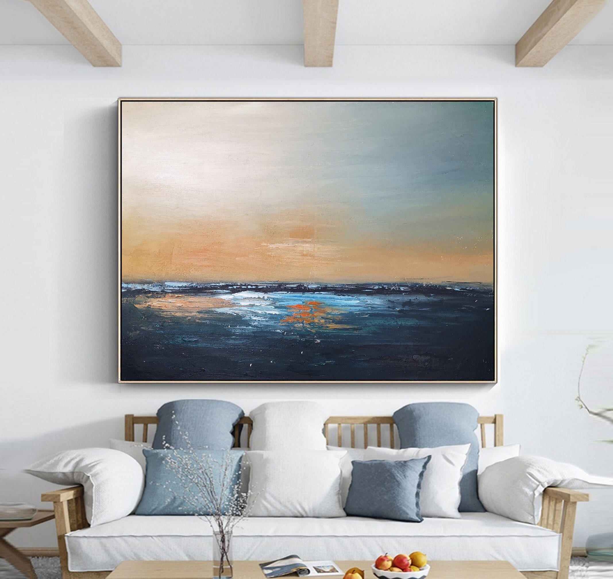 Large Sunset Ocean Landscape Oil Painting,blue Sea Abstract Painting on ...