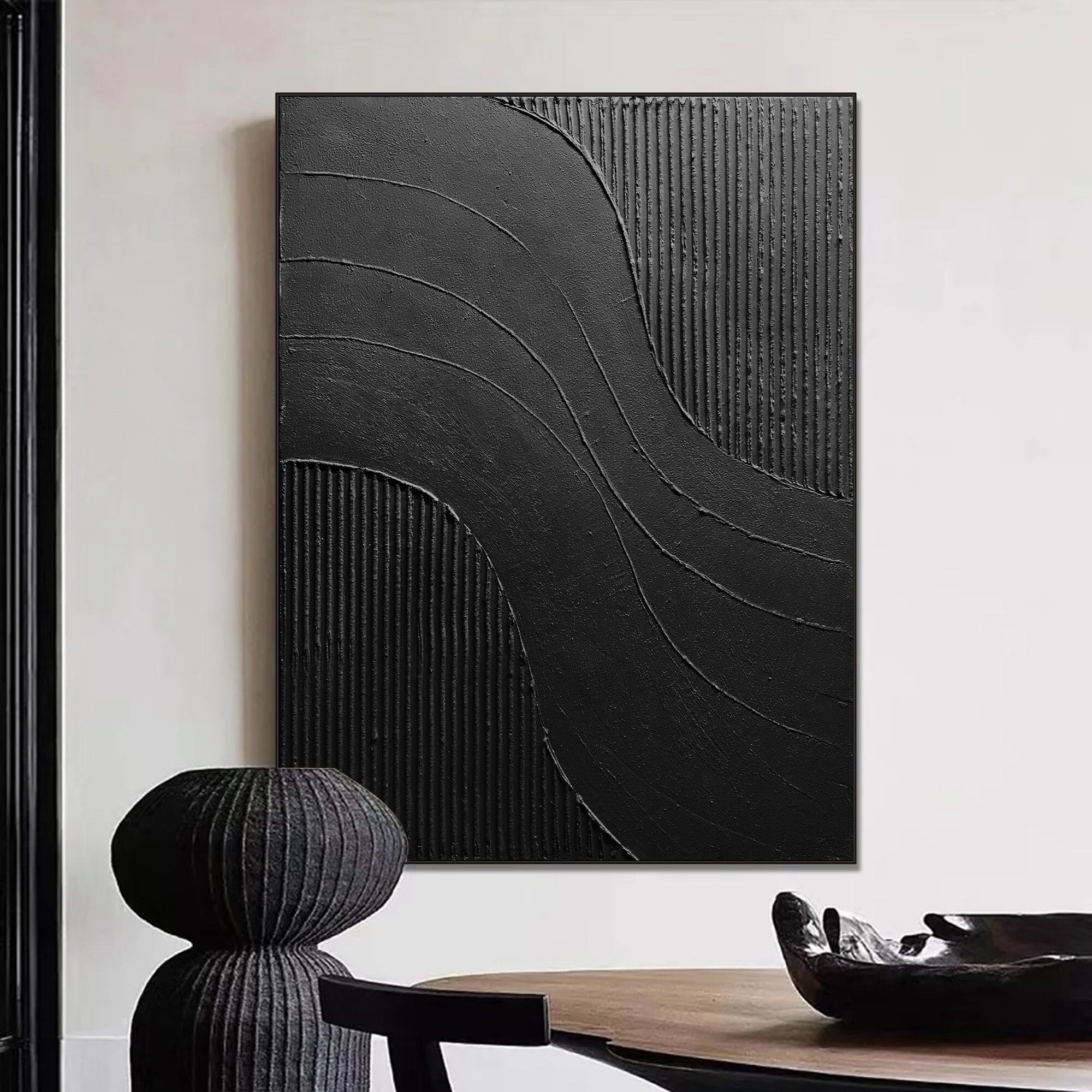 Black 3D Textured Abstract Painting, Wabi Sabi Canvas Art - Etsy