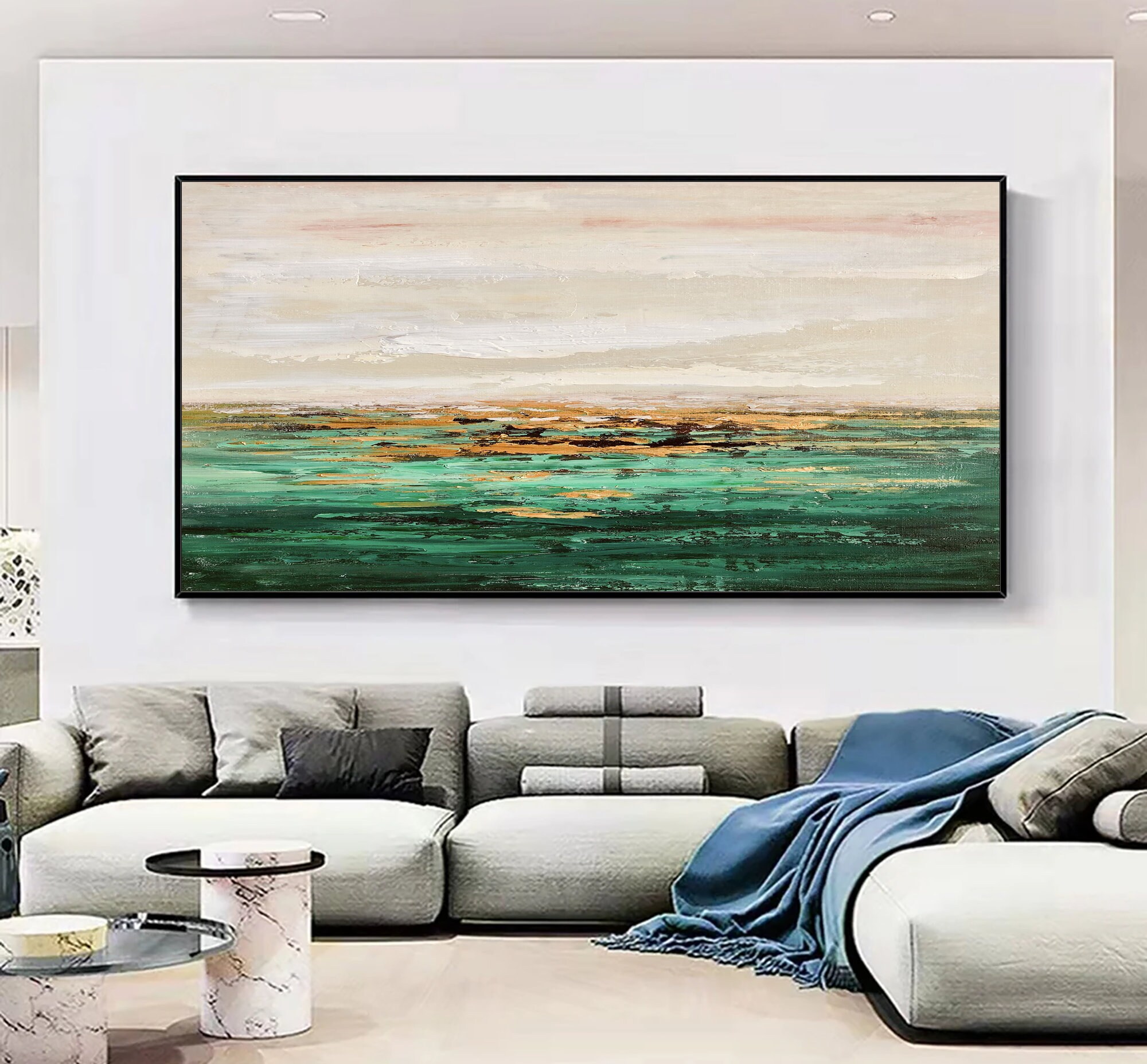 Large Nordic Green Abstract Wall Art for Living Room,beige Sky