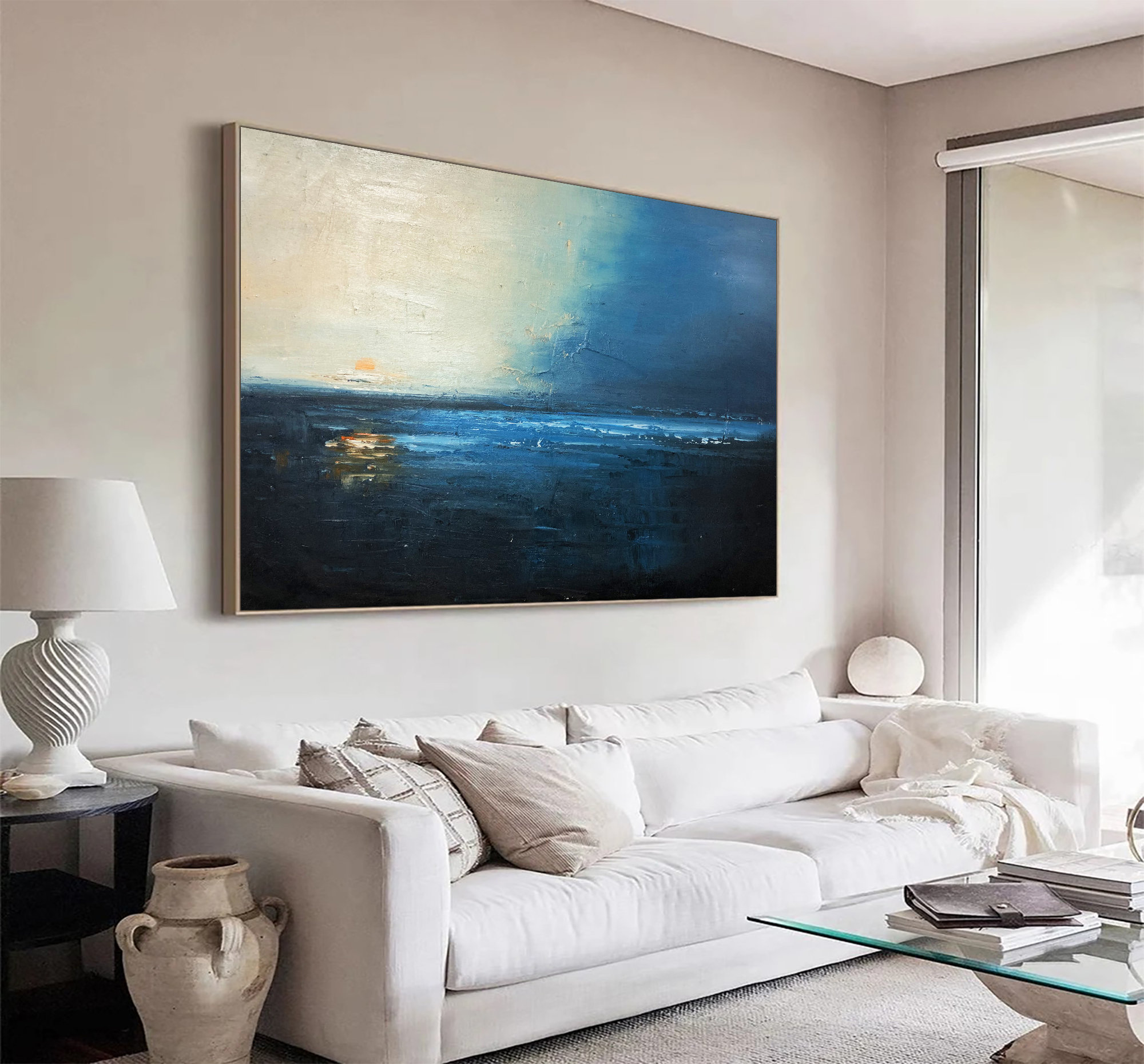 Navy Blue Ocean Abstract Oil Painting on Canvas Large Sky Landscape ...