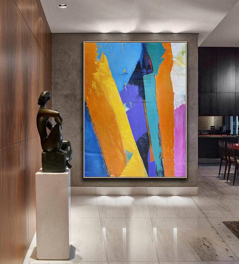 Large Wall Art Abstract Painting,Orange Abstract Painting,Blue Painting,Blue Abstract Painting,Yellow Textured Painting,Minimalist Painting image 1