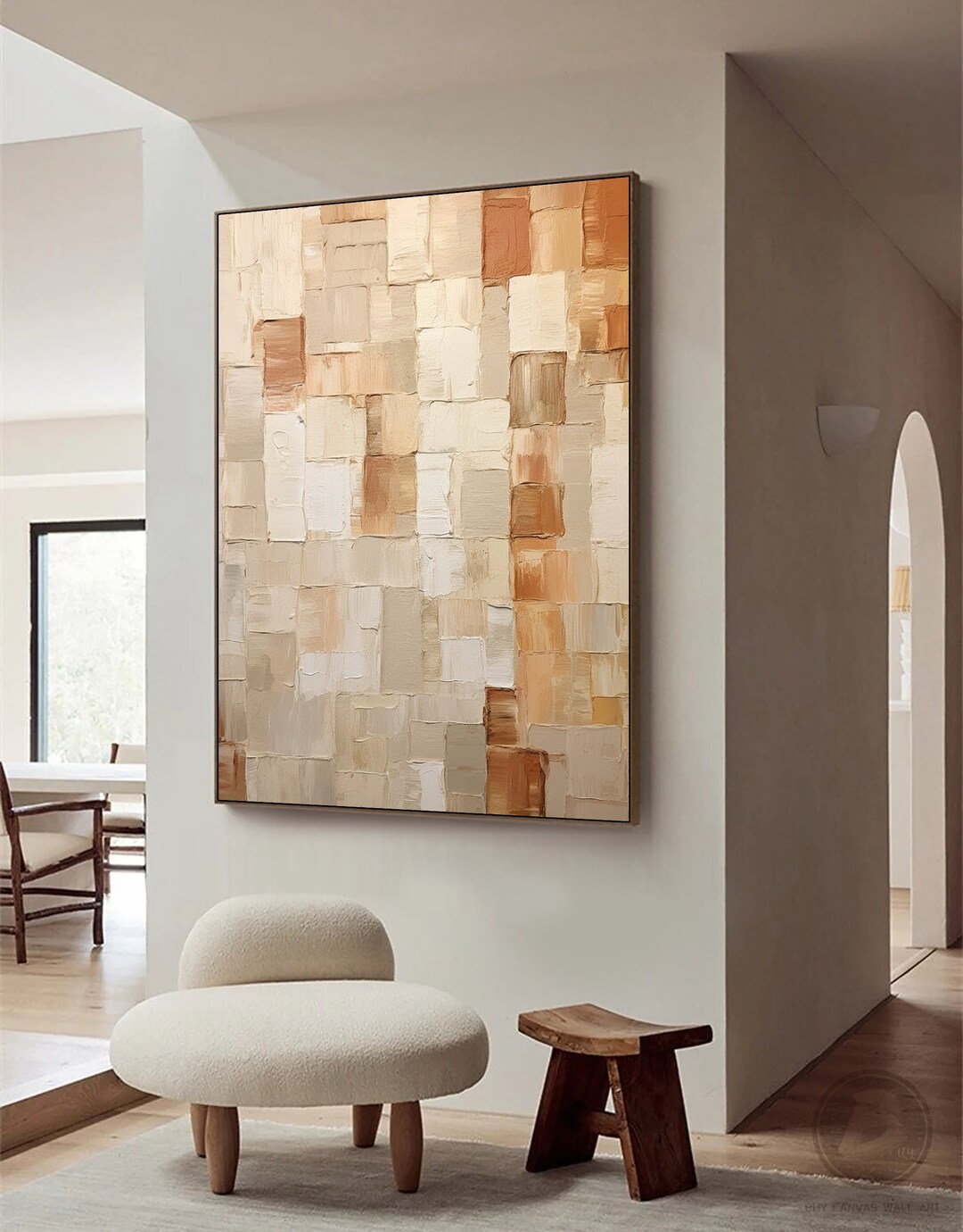 Beige 3d Minimalist Textured Canvas Art Beige White Abstract Oil ...